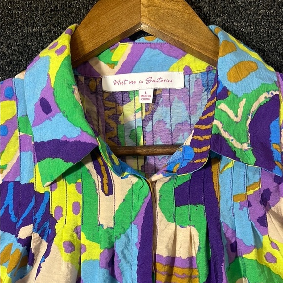 Meet Me In Santorini Colorful Patterned Oversized Puff Sleeves Blouse, Large - Picture 2 of 7